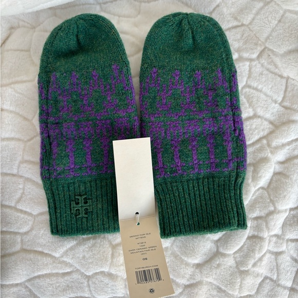 Tory Burch Merino Fair Isle Collection Scarf, Mittens & Hat Dark Ceramic Green - Picture 2 of 16